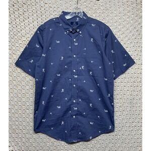 George Shirt Mens Sz  S (34-36) Blue Tropical Palm Tree Button Down Cotton Blend